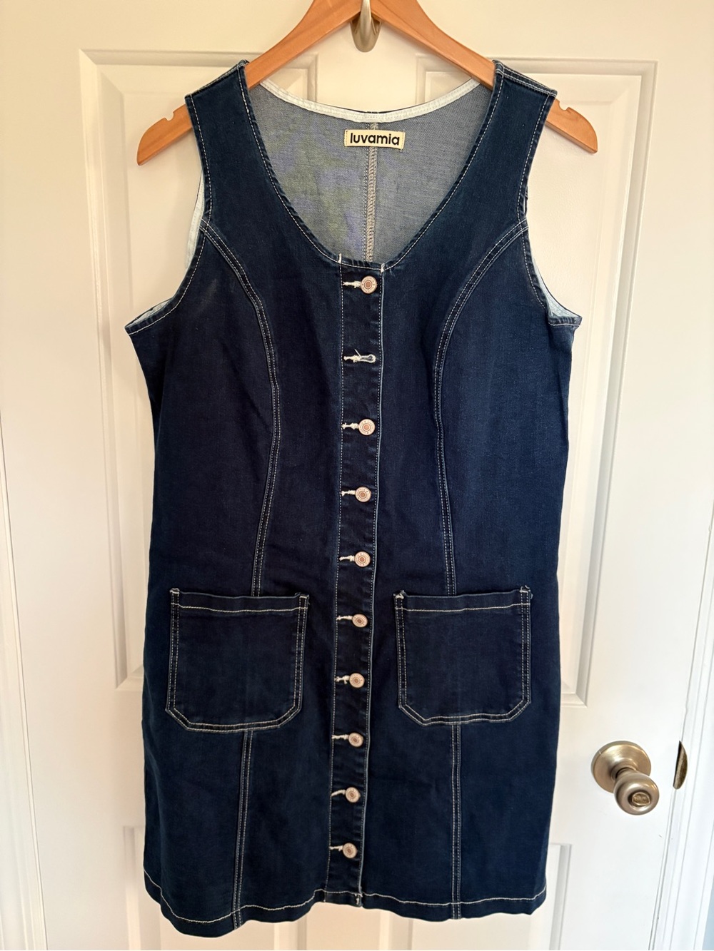 Luvamia Size M Dark Blue Denim Button-Front Sleeveless Dress